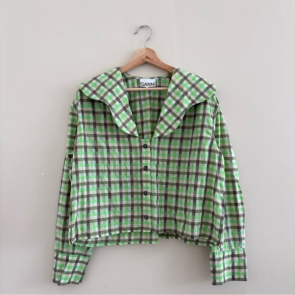 Ganni Tops - 🚫 SOLD on Depop - Ganni Green Plaid Blouse